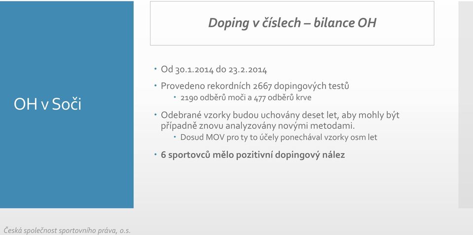 .2.2014 Provedeno rekordních 2667 dopingových testů 2190 odběrů moči a 477 odběrů