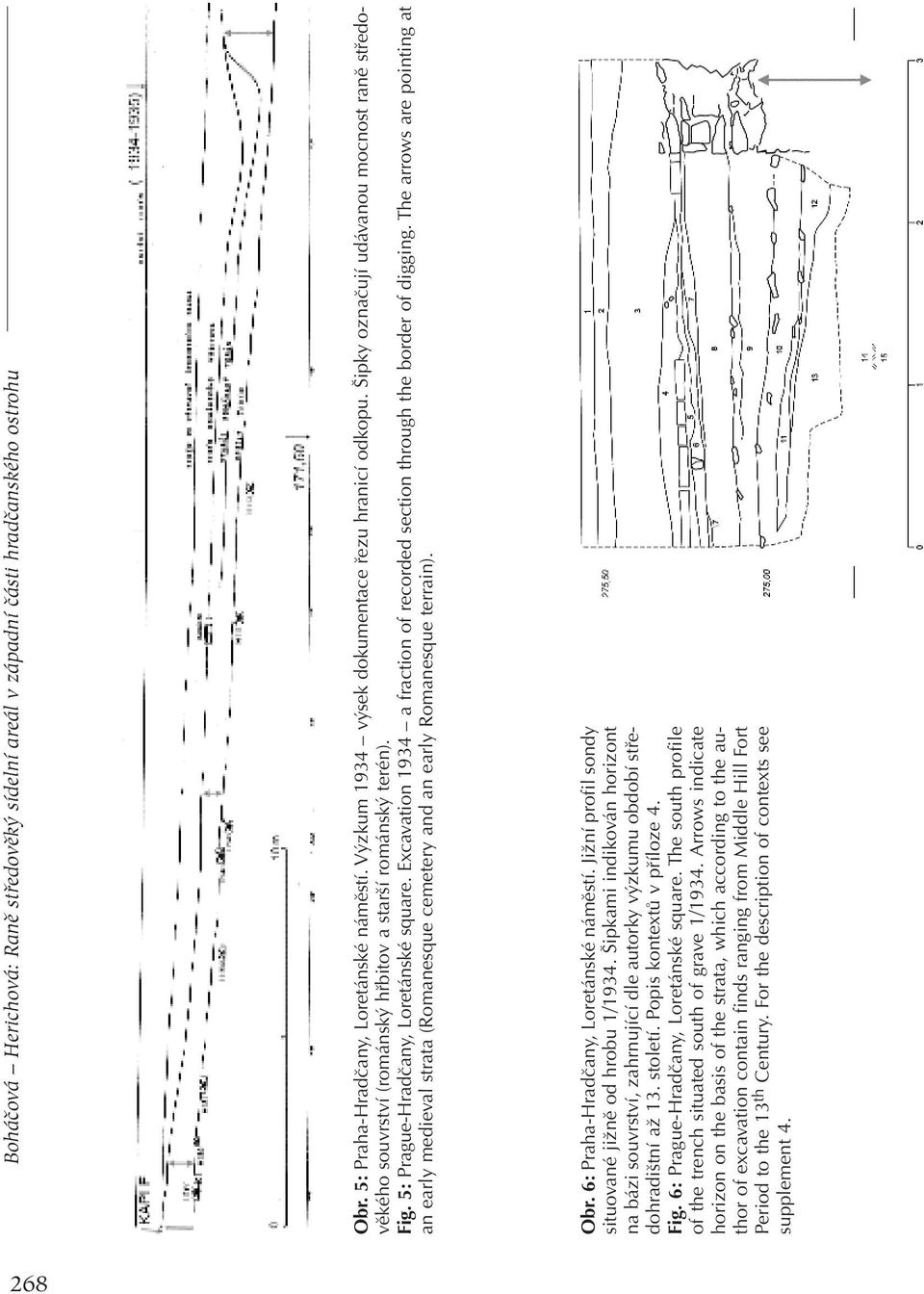 Excavation 1934 a fraction of recorded section through the border of digging. The arrows are pointing at an early medieval strata (Romanesque cemetery and an early Romanesque terrain). Obr.
