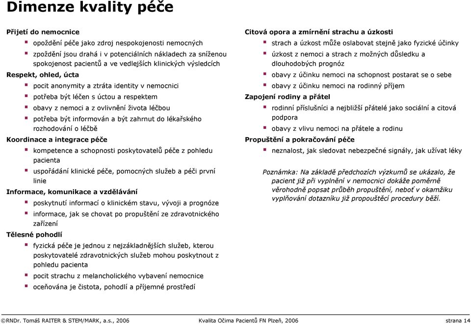 kompetence a schopnosti poskytovatelů péče z pohledu pacienta uspořádání klinické péče, pomocných služeb a péči první linie, komunikace a vzdělávání poskytnutí informací o klinickém stavu, vývoji a