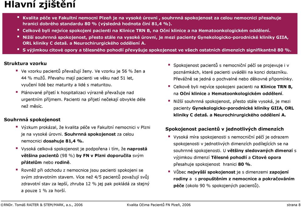 Nižší souhrnná spokojenost, přesto stále na vysoké úrovni, je mezi pacienty Gynekologicko-porodnické kliniky GIIA, ORL kliniky C detaš. a Neurochirurgického oddělení A.