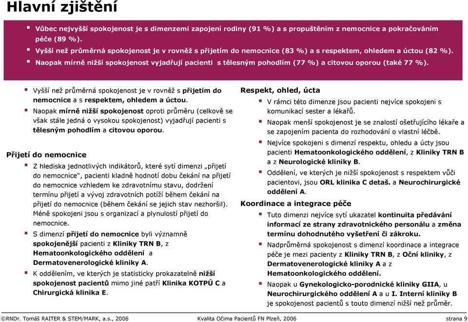 Naopak mírně nižší spokojenost vyjadřují pacienti s tělesným pohodlím (77 %) a citovou oporou (také 77 %).