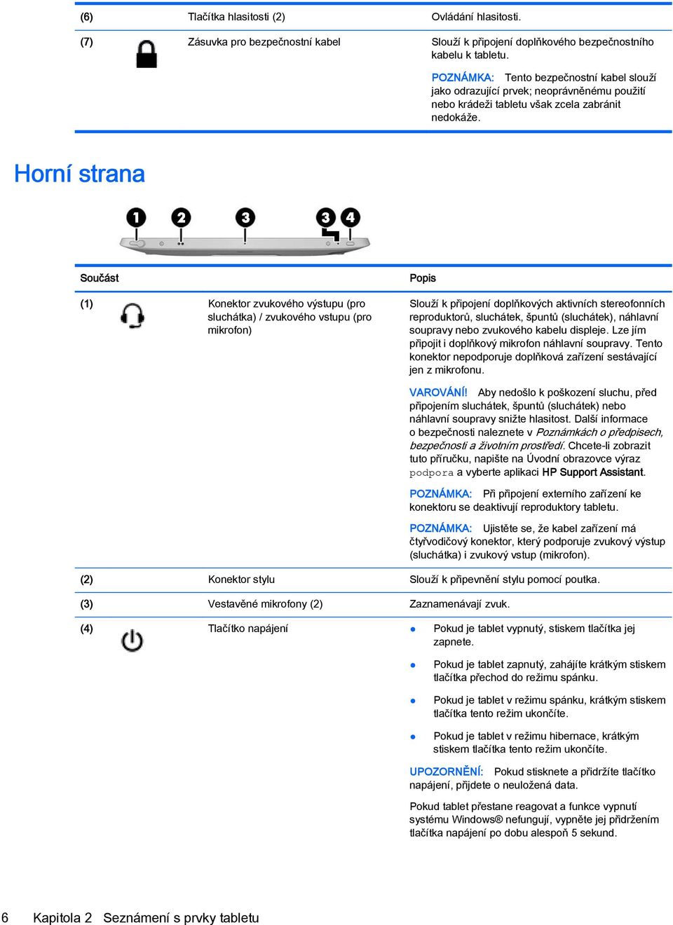 Horní strana Součást (1) Konektor zvukového výstupu (pro sluchátka) / zvukového vstupu (pro mikrofon) Popis Slouží k připojení doplňkových aktivních stereofonních reproduktorů, sluchátek, špuntů