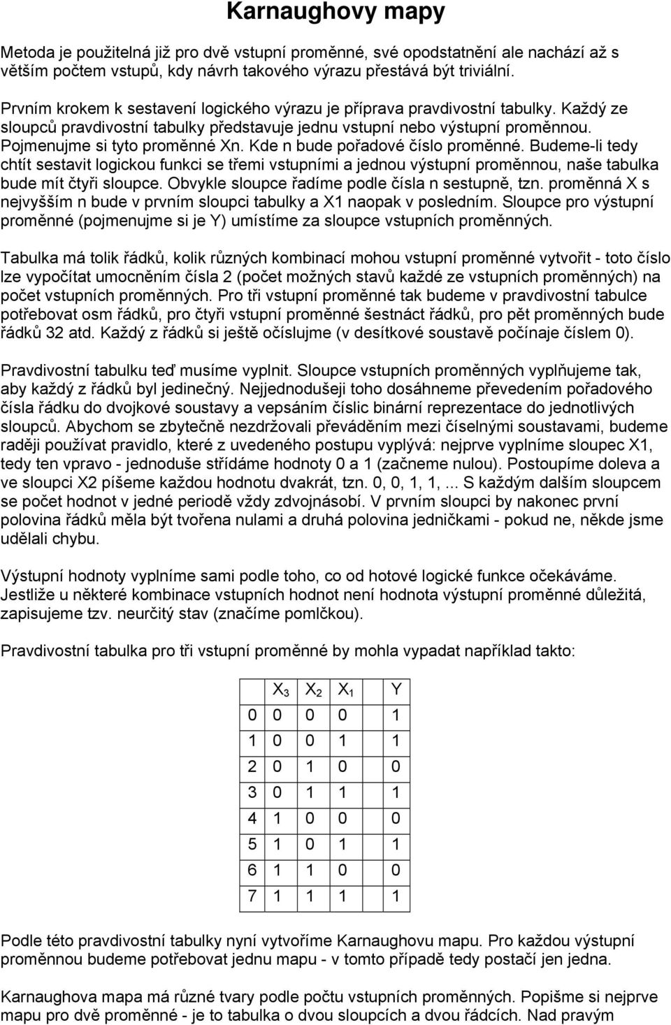 Kde n bude pořadové číslo proměnné. Budeme-li tedy chtít sestavit logickou funkci se třemi vstupními a jednou výstupní proměnnou, naše tabulka bude mít čtyři sloupce.