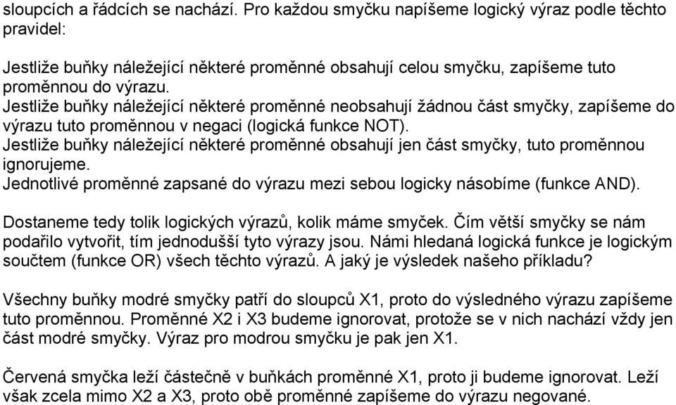 Jestliže buňky náležející některé proměnné obsahují jen část smyčky, tuto proměnnou ignorujeme. Jednotlivé proměnné zapsané do výrazu mezi sebou logicky násobíme (funkce AND).