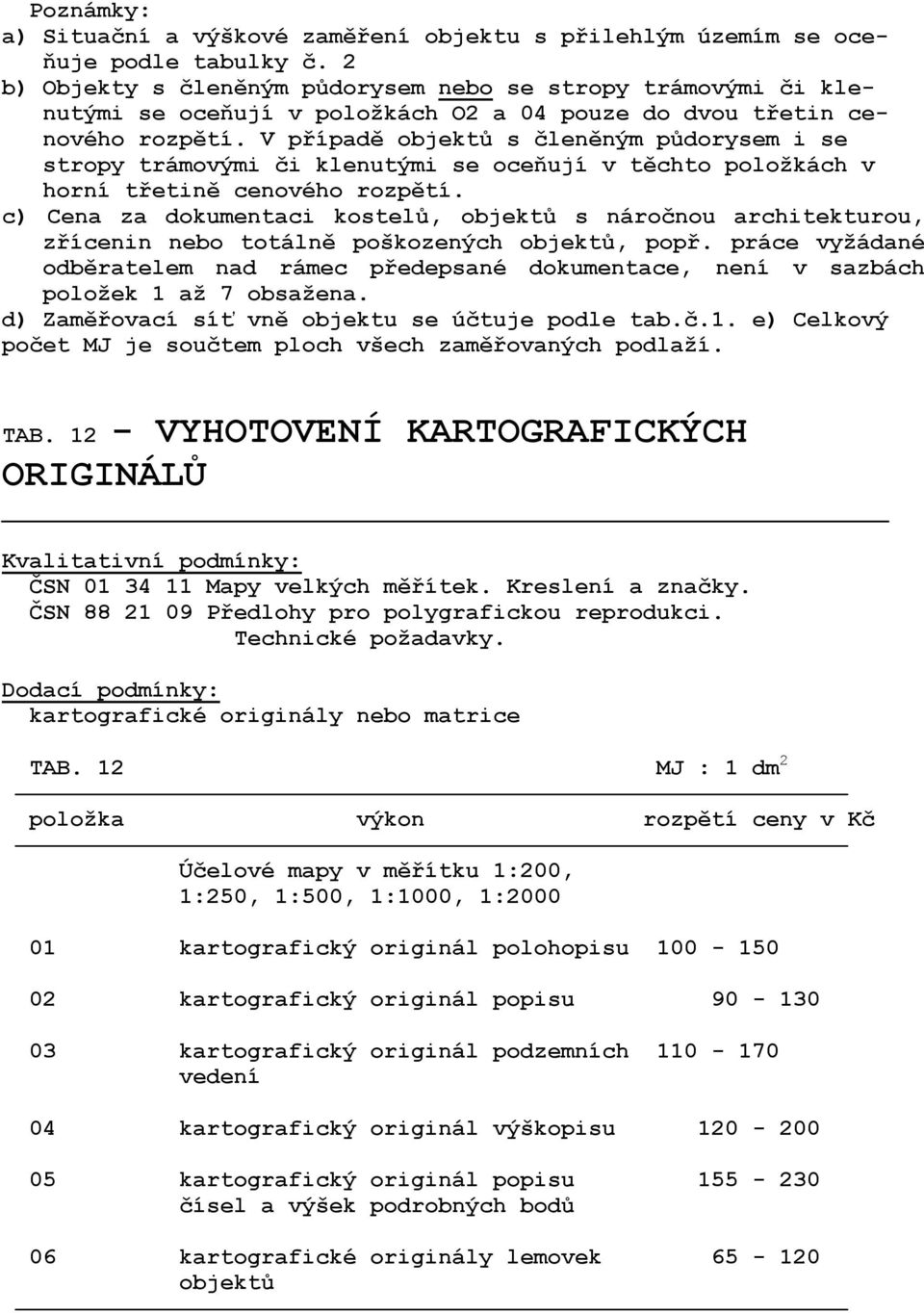 V případě objektů s členěným půdorysem i se stropy trámovými či klenutými se oceňují v těchto položkách v horní třetině cenového rozpětí.