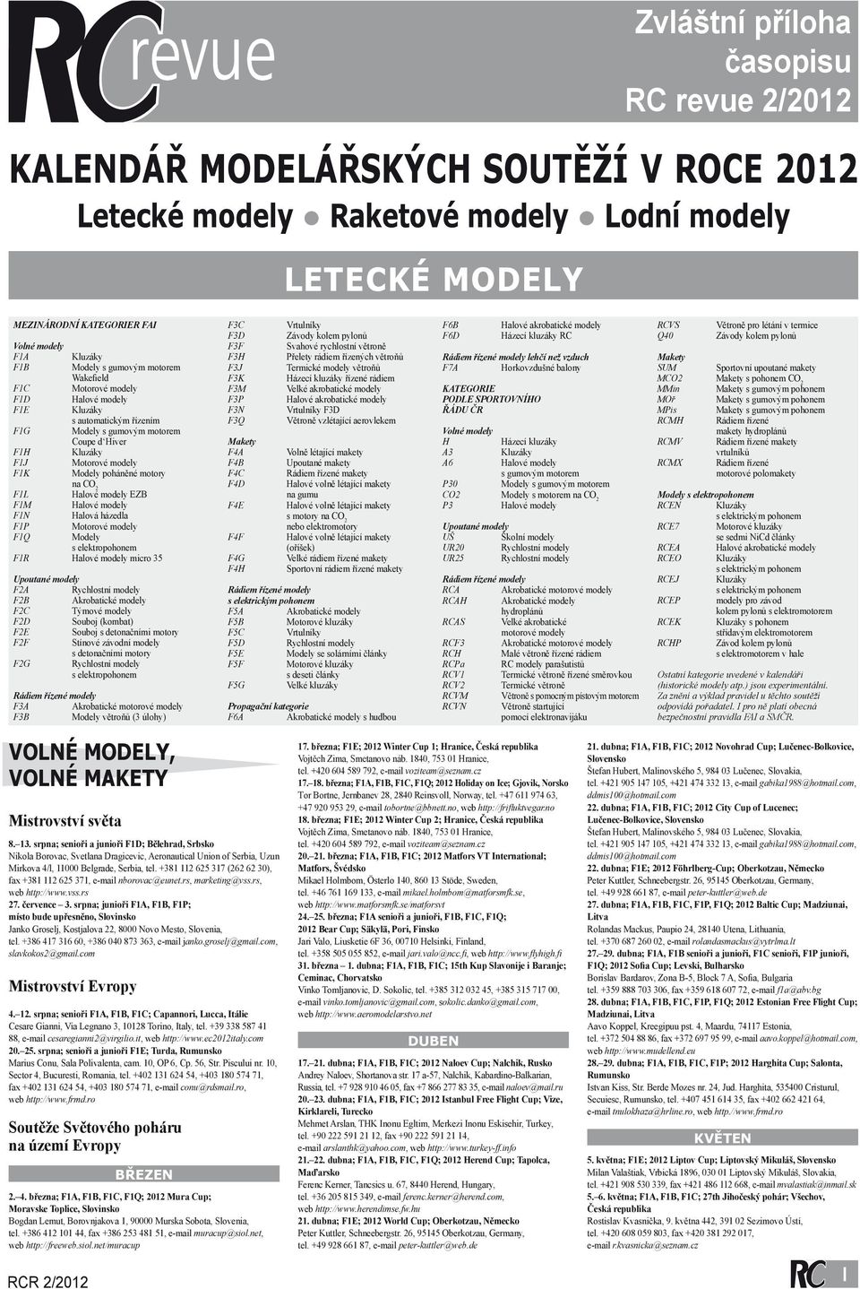 poháněné motory na CO 2 F1L Halové modely EZB F1M Halové modely F1N Halová házedla F1P Motorové modely F1Q Modely s elektropohonem F1R Halové modely micro 35 Upoutané modely F2A Rychlostní modely F2B