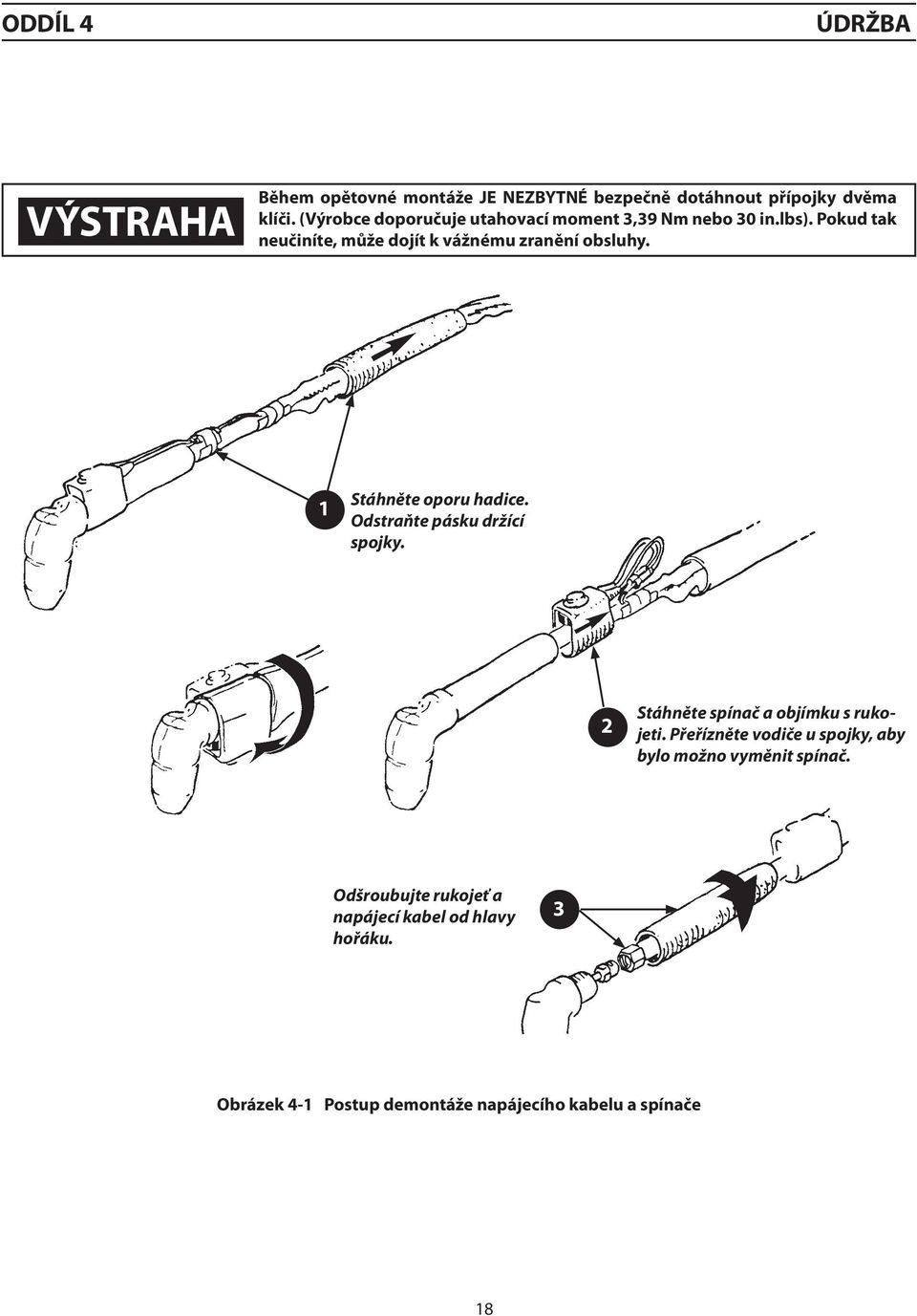 1 Stáhněte oporu hadice. Odstraňte pásku držící spojky. 2 Stáhněte spínač a objímku s rukojeti.