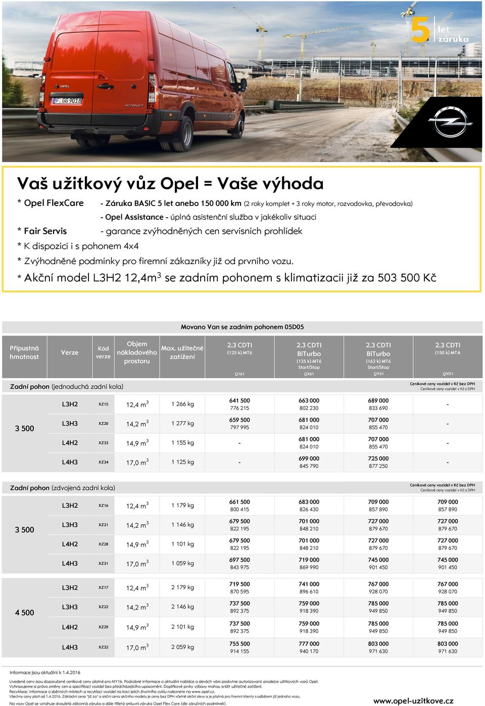 * Akční model L3H2 12,4m 3 se zadním pohonem s klimatizacii již za 503 500 Kč Movano Van se zadním pohonem 05D05 Přípustná hmotnost Verze Kód verze Zadní pohon (jednoduchá zadní kola) Objem