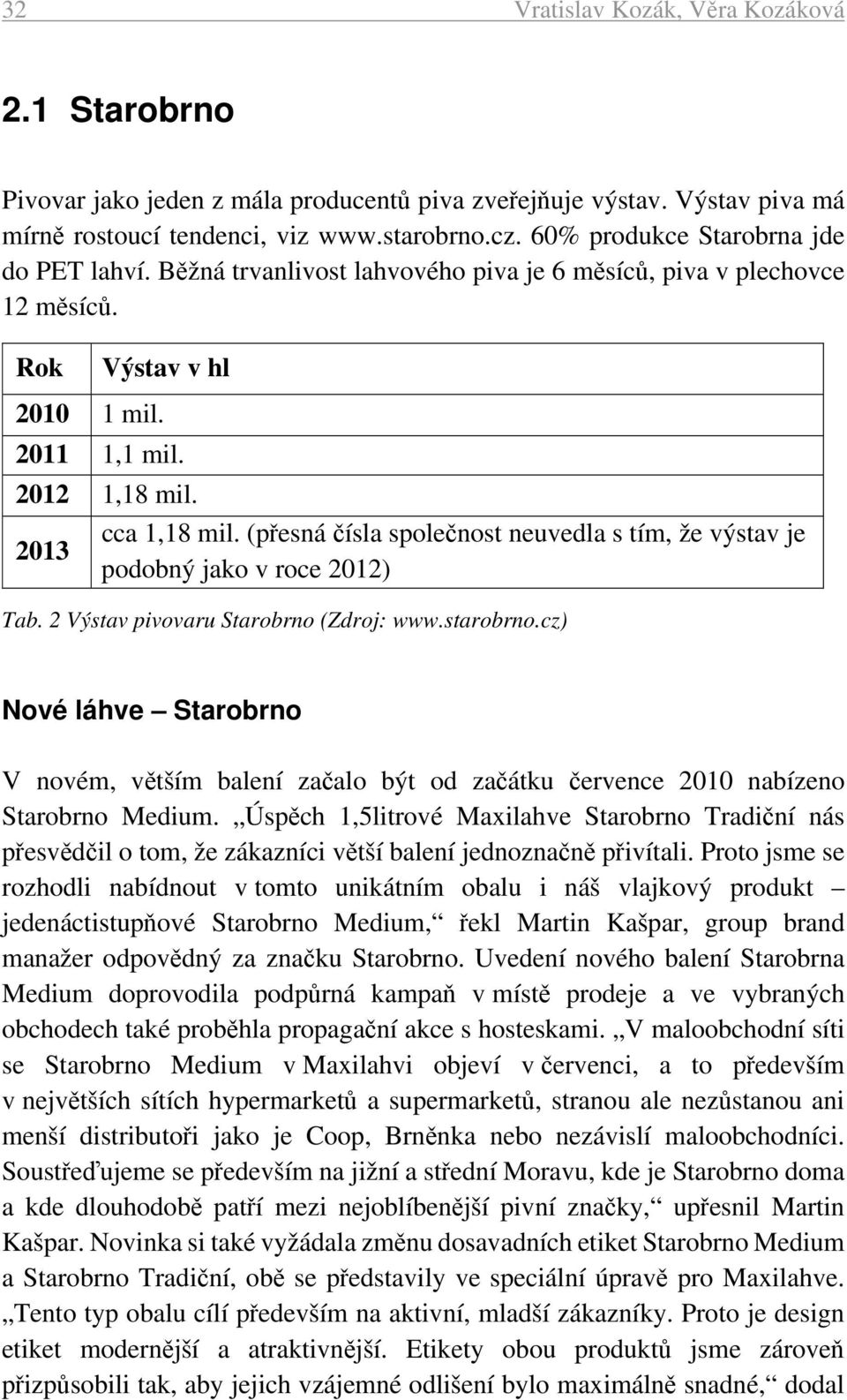 (přesná čísla společnost neuvedla s tím, že výstav je podobný jako v roce 2012) Tab. 2 Výstav pivovaru Starobrno (Zdroj: www.starobrno.