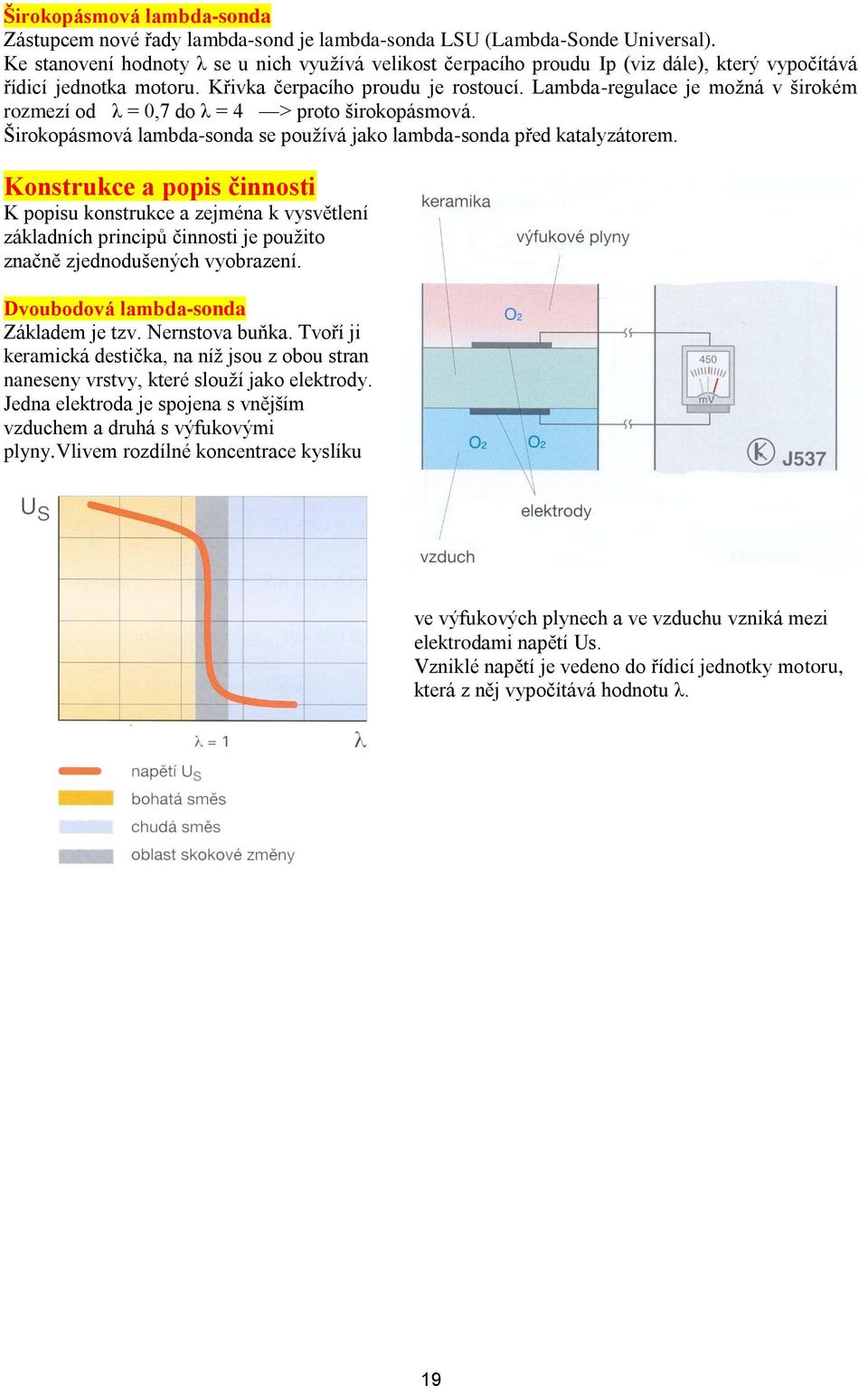 Lambda-regulace je moţná v širokém rozmezí od λ = 0,7 do λ = 4 > proto širokopásmová. Širokopásmová lambda-sonda se pouţívá jako lambda-sonda před katalyzátorem.