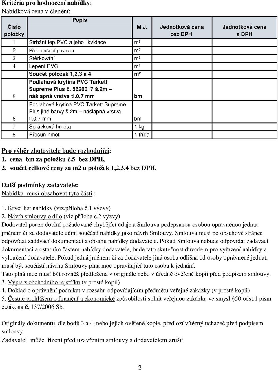 0,7 mm Podlahová krytina PVC Tarkett Supreme Plus jiné barvy š.2m nášlapná vrstva tl.0,7 mm M.J. 7 Správková hmota 1 kg 8 Přesun hmot 1 třída bez DPH s DPH Pro výběr zhotovitele bude rozhodující: 1.