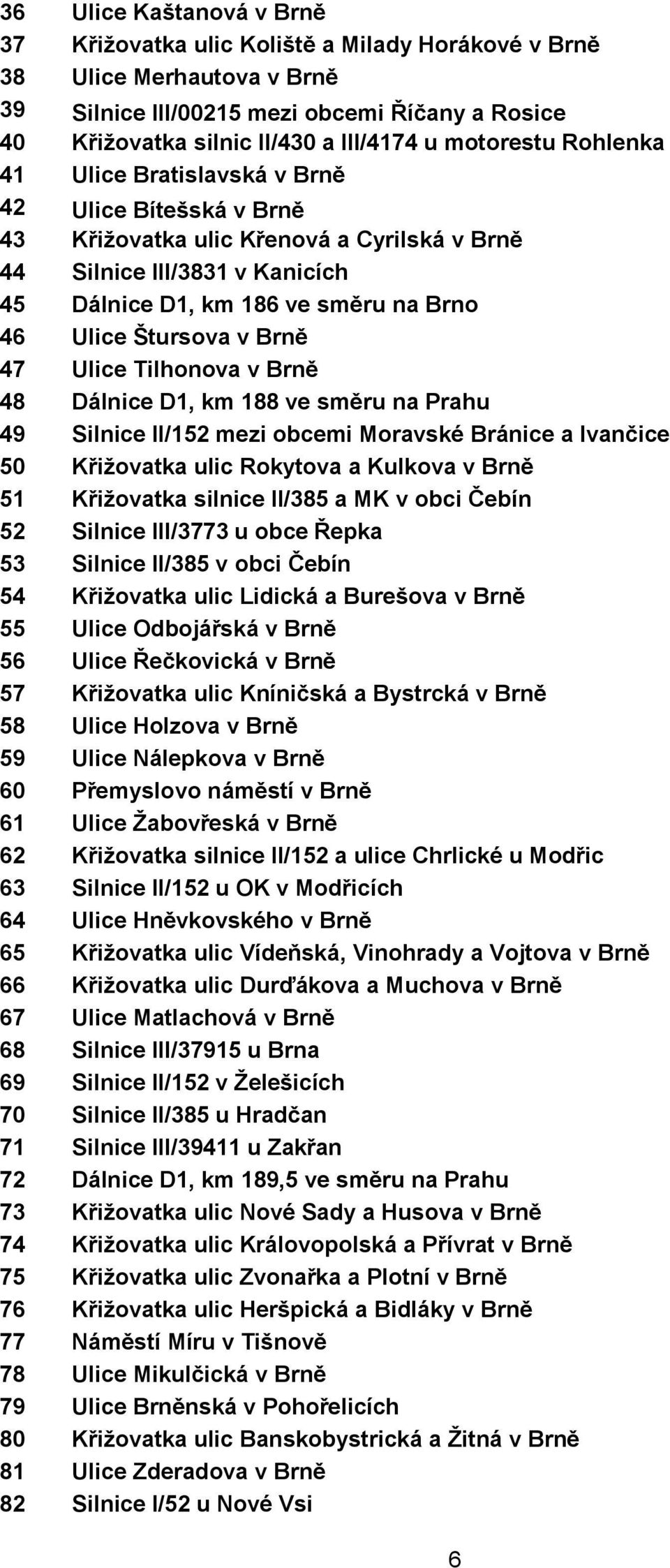 Štursova v Brně 47 Ulice Tilhonova v Brně 48 Dálnice D1, km 188 ve směru na Prahu 49 Silnice II/152 mezi obcemi Moravské Bránice a Ivančice 50 Křižovatka ulic Rokytova a Kulkova v Brně 51 Křižovatka