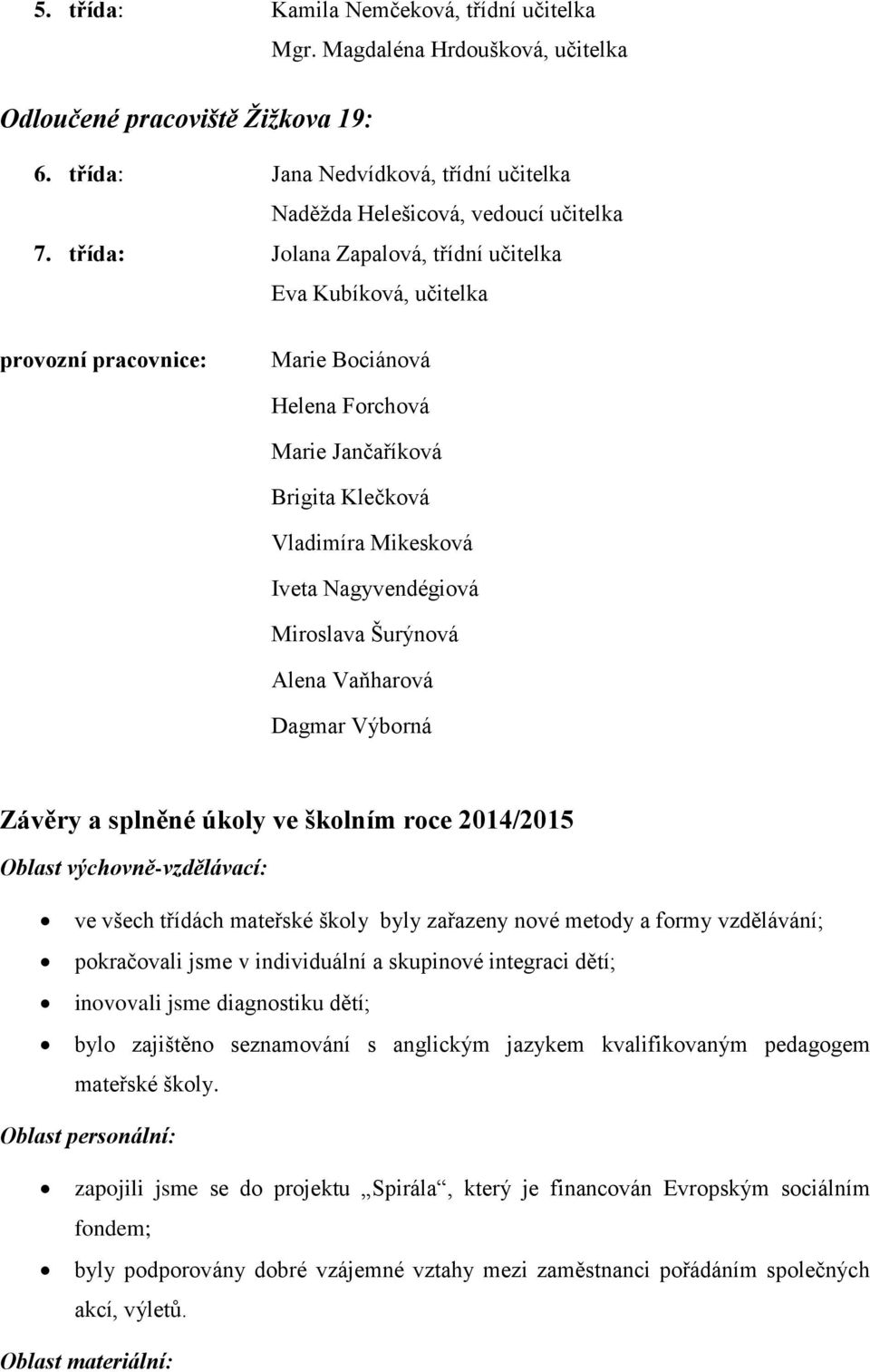 Miroslava Šurýnová Alena Vaňharová Dagmar Výborná Závěry a splněné úkoly ve školním roce 2014/2015 Oblast výchovně-vzdělávací: ve všech třídách mateřské školy byly zařazeny nové metody a formy