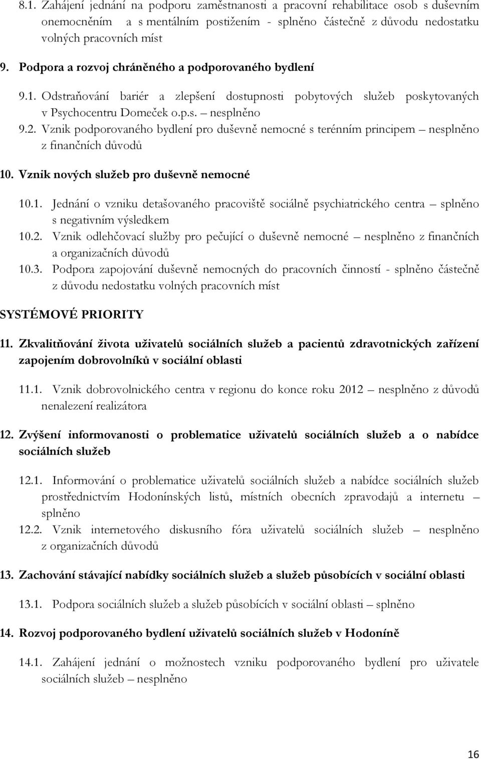 Vznik podporovaného bydlení pro duševně nemocné s terénním principem nesplněno z finančních důvodů 10