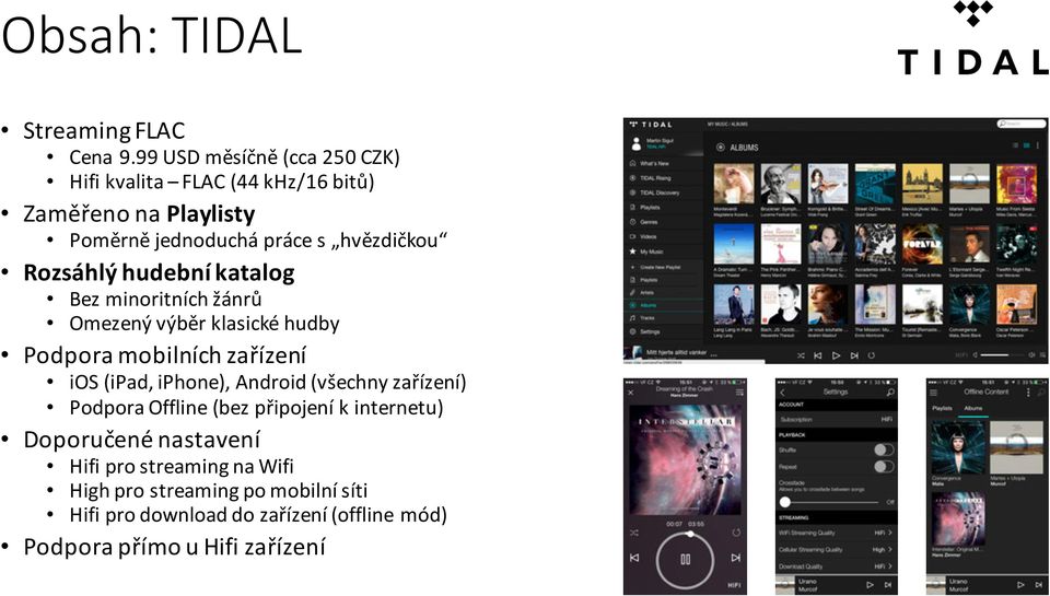 Rozsáhlý hudební katalog Bez minoritních žánrů Omezený výběr klasické hudby Podpora mobilních zařízení ios (ipad, iphone),