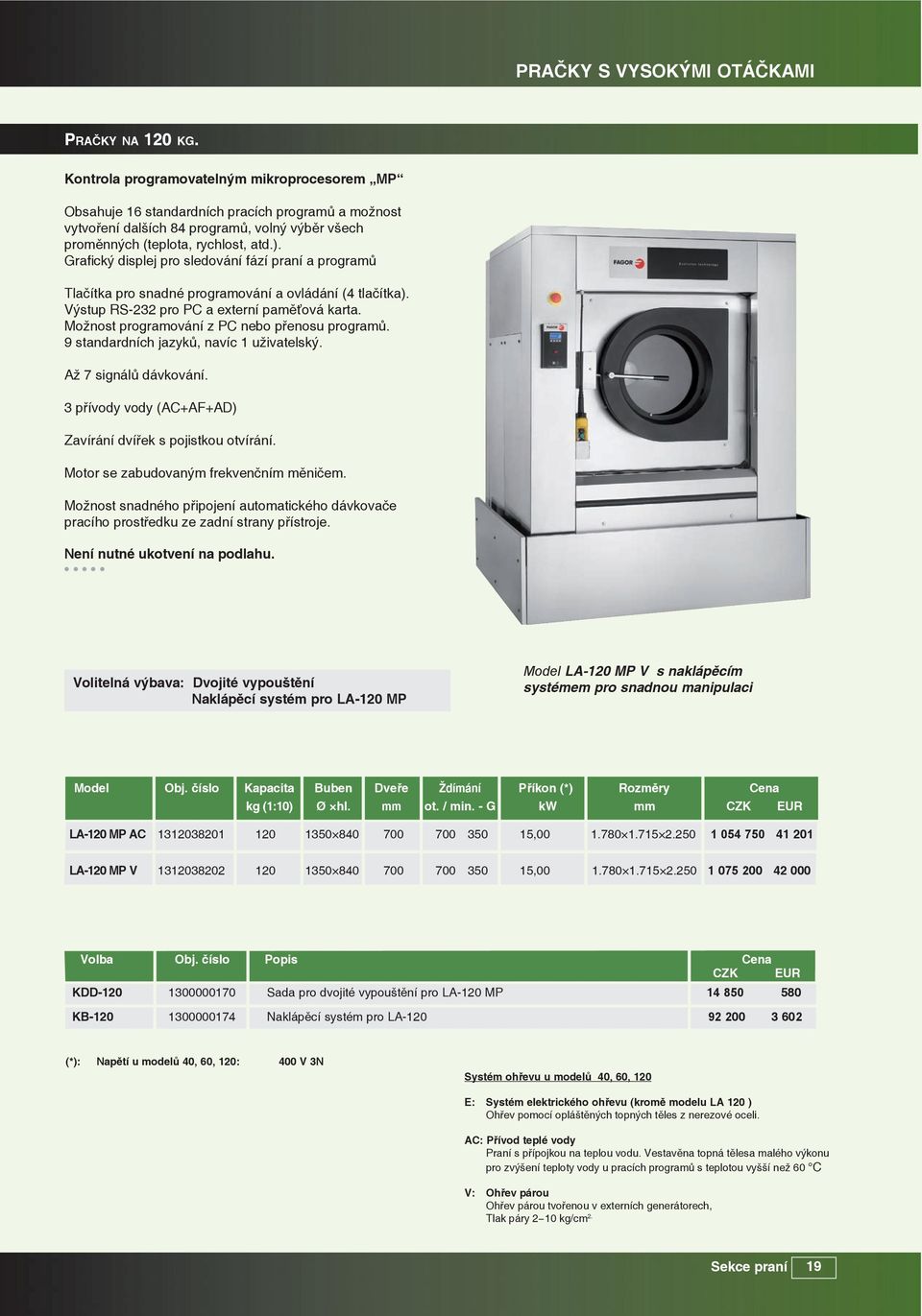 Možnost programování z PC nebo přenosu programů. 9 standardních jazyků, navíc 1 uživatelský. Až 7 signálů dávkování. 3 přívody vody (AC+AF+AD) Zavírání dvířek s pojistkou otvírání.