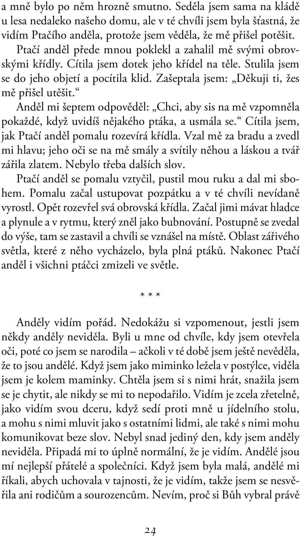 Zašeptala jsem: Děkuji ti, žes mě přišel utěšit. Anděl mi šeptem odpověděl: Chci, aby sis na mě vzpomněla pokaždé, když uvidíš nějakého ptáka, a usmála se.