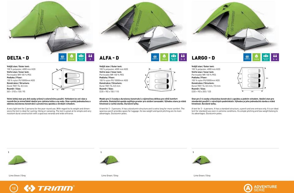 Wr 00 % PES Podlaha / Floor: 00 % nylon PU 0000mm HO Konstrukce / Structure: Dural 700 T6, 8,5 mm (0 + 90) x 50 / 0 90 0 50 Vnější stan / Outer tent: 00 % polyester, 4000 mm HO Vniřní stan / Inner