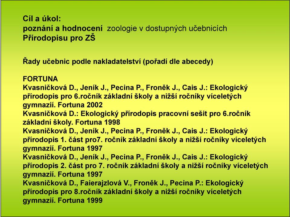 , Jeník J., Pecina P., Froněk J., Cais J.: Ekologický přírodopis 1. část pro7. ročník základní školy a nižší ročníky víceletých gymnazií. Fortuna 1997 Kvasničková D., Jeník J., Pecina P., Froněk J., Cais J.: Ekologický přírodopis 2.