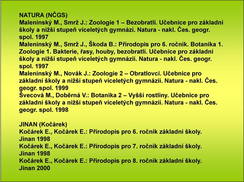 1997 Maleninský M., Novák J.: Zoologie 2 Obratlovci. Učebnice pro základní školy a nižší stupeň víceletých gymnázií. Natura - nakl. Čes. geogr. spol. 1999 Švecová M., Doběrná V.