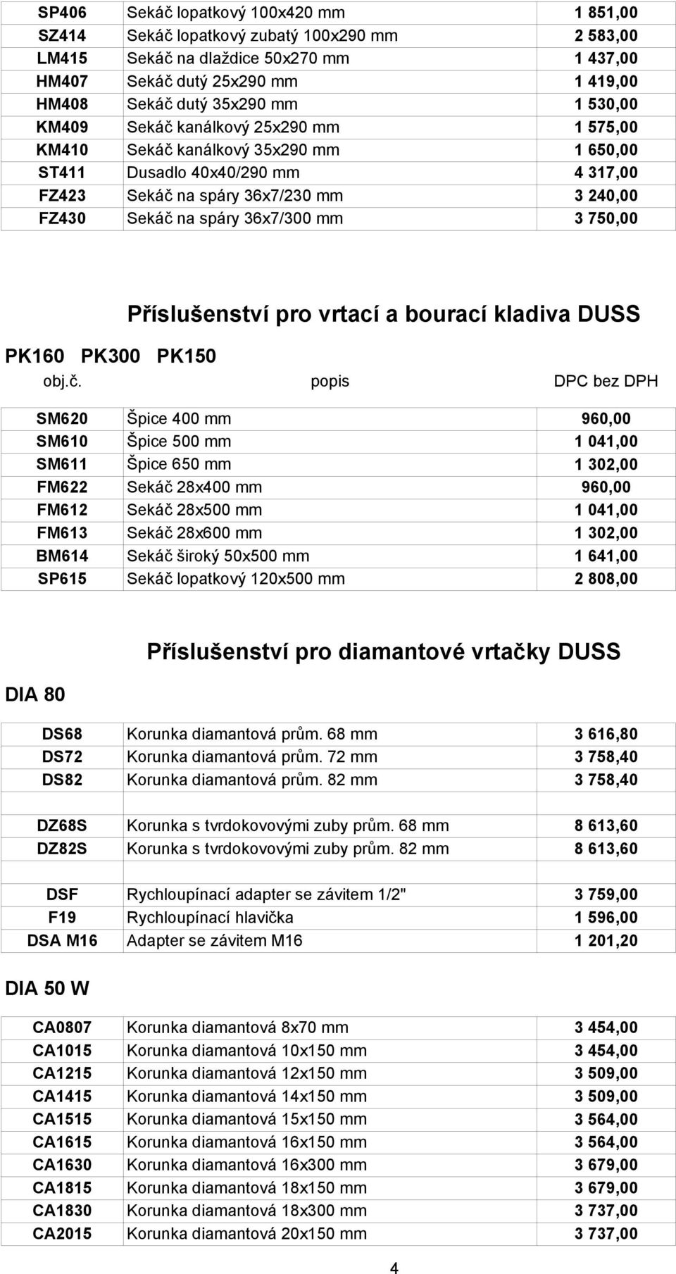 240,00 3 750,00 Příslušenství pro vrtací a bourací kladiva DUSS PK160 PK300 PK150 SM620 Špice 400 mm 960,00 SM610 Špice 500 mm 1 041,00 SM611 Špice 650 mm 1 302,00 FM622 Sekáč 28x400 mm 960,00 FM612