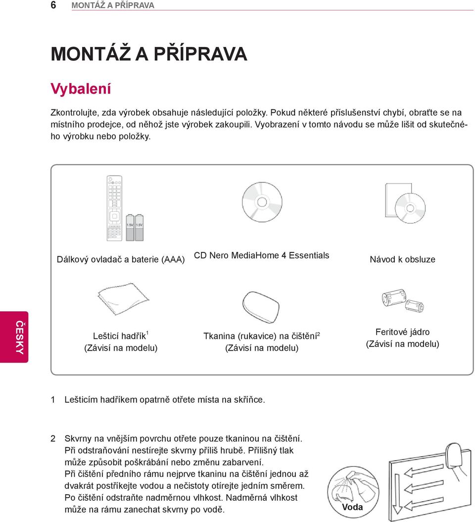 Dálkový ovladač a baterie (AAA) CD Nero MediaHome 4 Essentials Návod k obsluze Lešticí hadřík 1 (Závisí na modelu) Tkanina (rukavice) na čištění 2 (Závisí na modelu) Feritové jádro (Závisí na modelu)