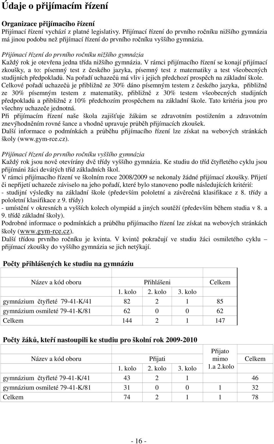 Přijímací řízení do prvního ročníku nižšího gymnázia Každý rok je otevřena jedna třída nižšího gymnázia.