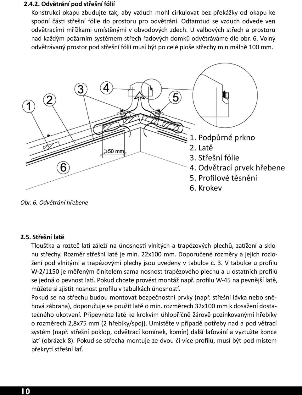 Volný odvětrávaný prostor pod střešní fólií musí být po celé ploše střechy minimálně 100 mm. Obr. 6. Odvětrání hřebene 1. Podpůrné prkno 2. Latě 3. Střešní fólie 4. Odvětrací prvek hřebene 5.