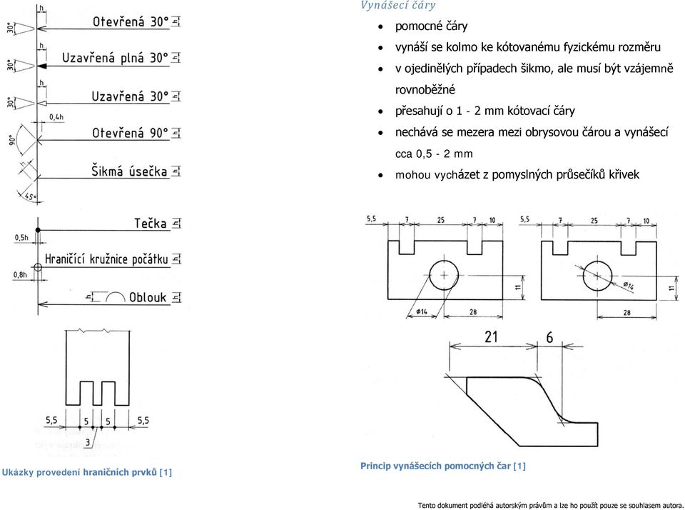 nechává se mezera mezi obrysovou čárou a vynášecí cca 0,5-2 mm mohou vycházet z