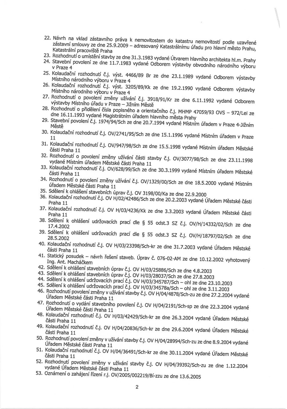 1992 vydané Odborem výstavby Místního úřadu v Praze Jižním Místního národního výboru v Praze 4 Městě 23. Rozhodnutí o umístění stavby ze dne 31.3.1983 vydané Utvarem hlavního architekta hlm.