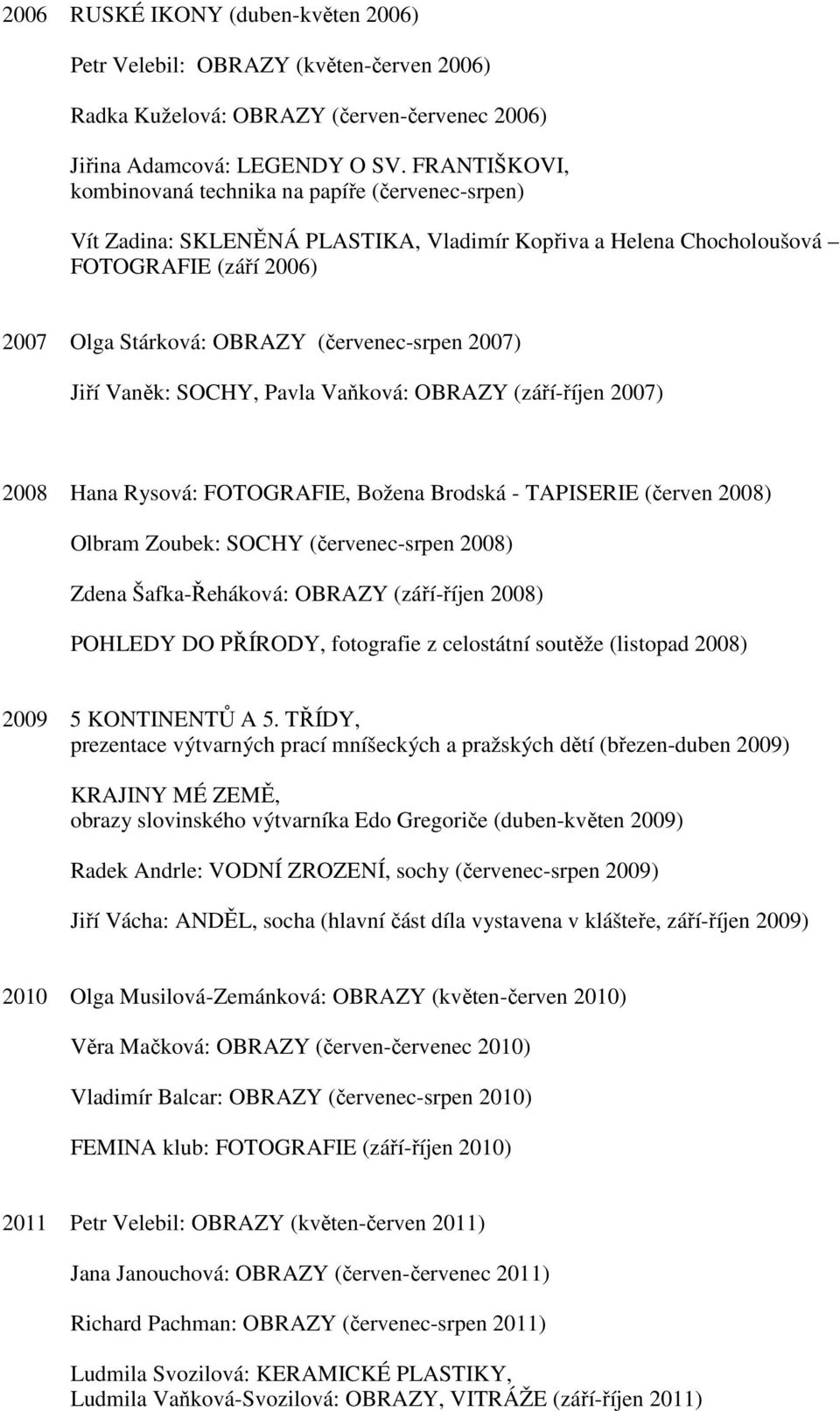 2007) Jiří Vaněk: SOCHY, Pavla Vaňková: OBRAZY (září-říjen 2007) 2008 Hana Rysová: FOTOGRAFIE, Božena Brodská - TAPISERIE (červen 2008) Olbram Zoubek: SOCHY (červenec-srpen 2008) Zdena