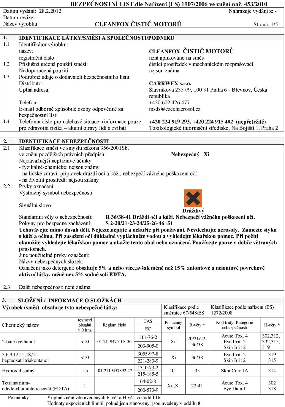 2 Příslušná určená použití směsi: čistící prostředek v mechanickém rozprašovači Nedoporučená použití: nejsou známa 1.3 Podrobné údaje o dodavateli bezpečnostního listu: Distributor CARRWEX s.r.o. Úplná adresa: Slavníkova 2357/9, 100 31 Praha 6 - Břevnov, Česká republika Telefon: +420 602 426 477 E-mail odborně způsobilé osoby odpovědné za msds@czechaerosol.