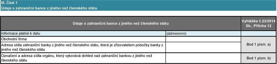 , Příloha 12 Informace platné k datu Obchodní firma Adresa sídla zahraniční banky z jiného než členského státu,