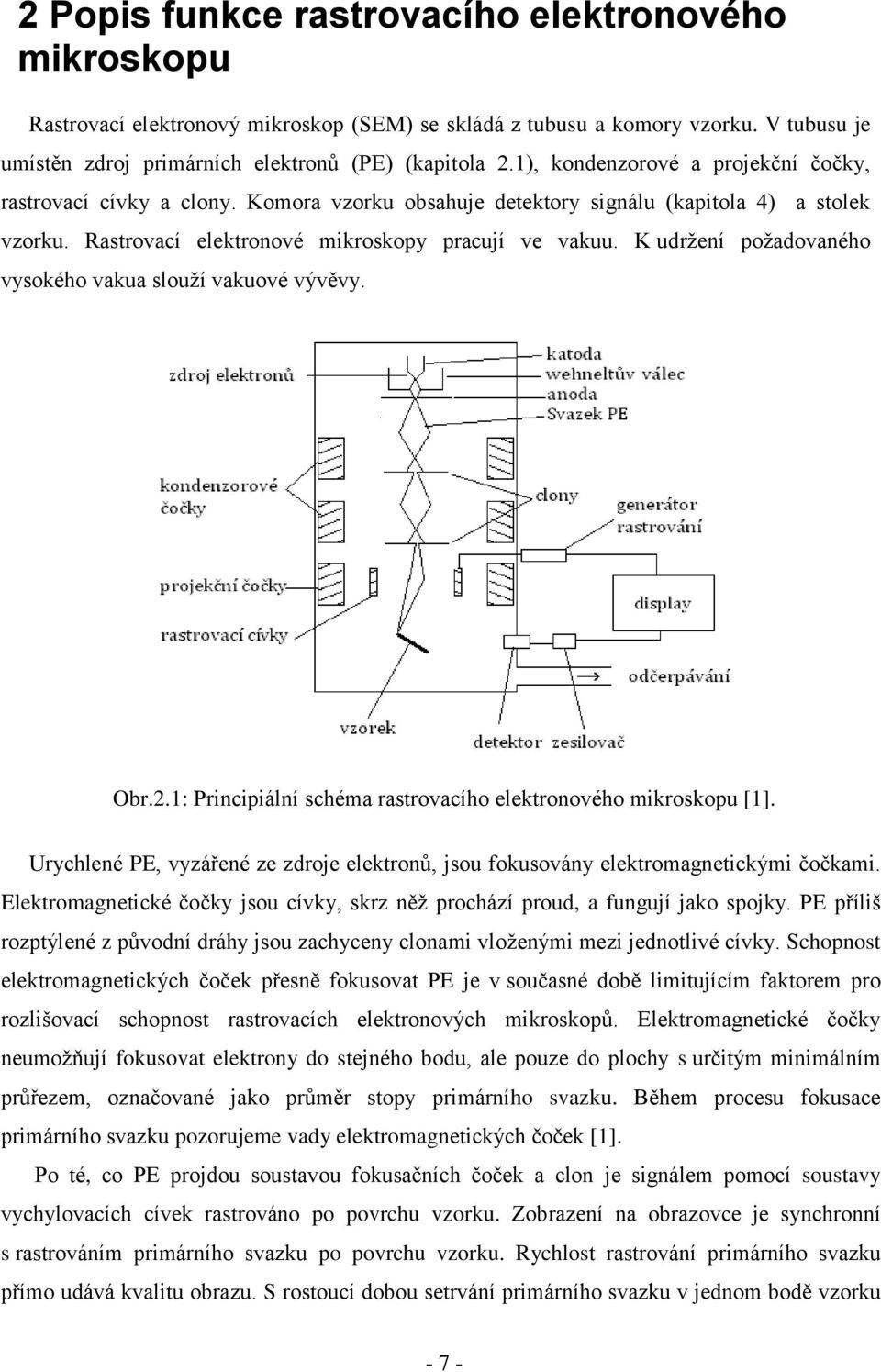 K udržení požadovaného vysokého vakua slouží vakuové vývěvy. Obr.2.1: Principiální schéma rastrovacího elektronového mikroskopu [1].