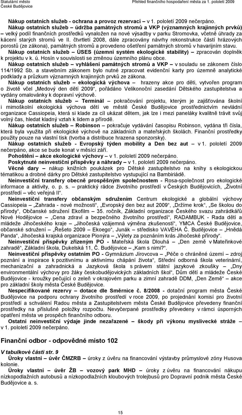 stromů ve II. čtvrtletí 2008, dále zpracovány návrhy rekonstrukce částí hrázových porostů (ze zákona), památných stromů a provedeno ošetření památných stromů v havarijním stavu.