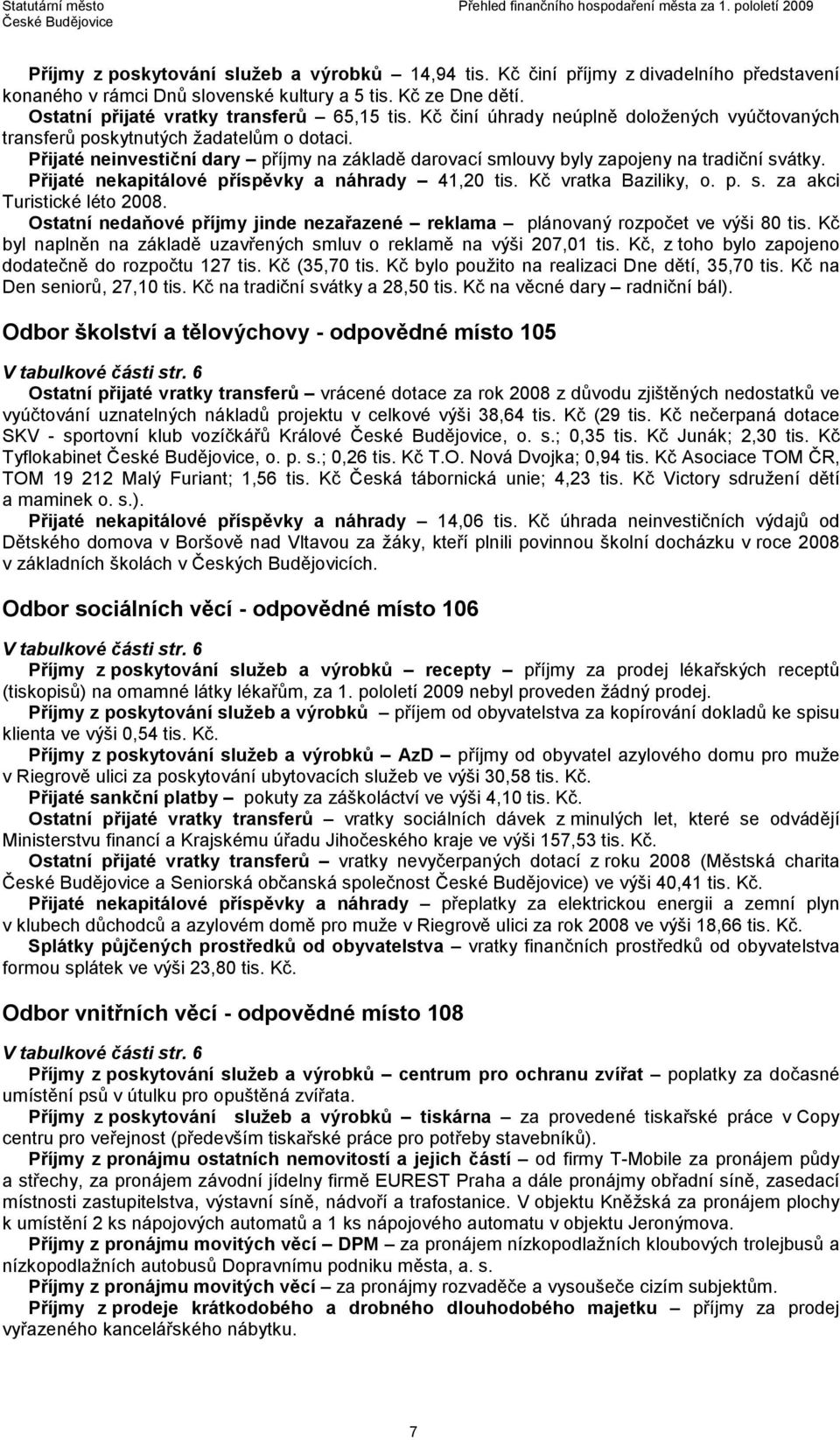 Přijaté nekapitálové příspěvky a náhrady 41,20 tis. Kč vratka Baziliky, o. p. s. za akci Turistické léto 2008. Ostatní nedaňové příjmy jinde nezařazené reklama plánovaný rozpočet ve výši 80 tis.