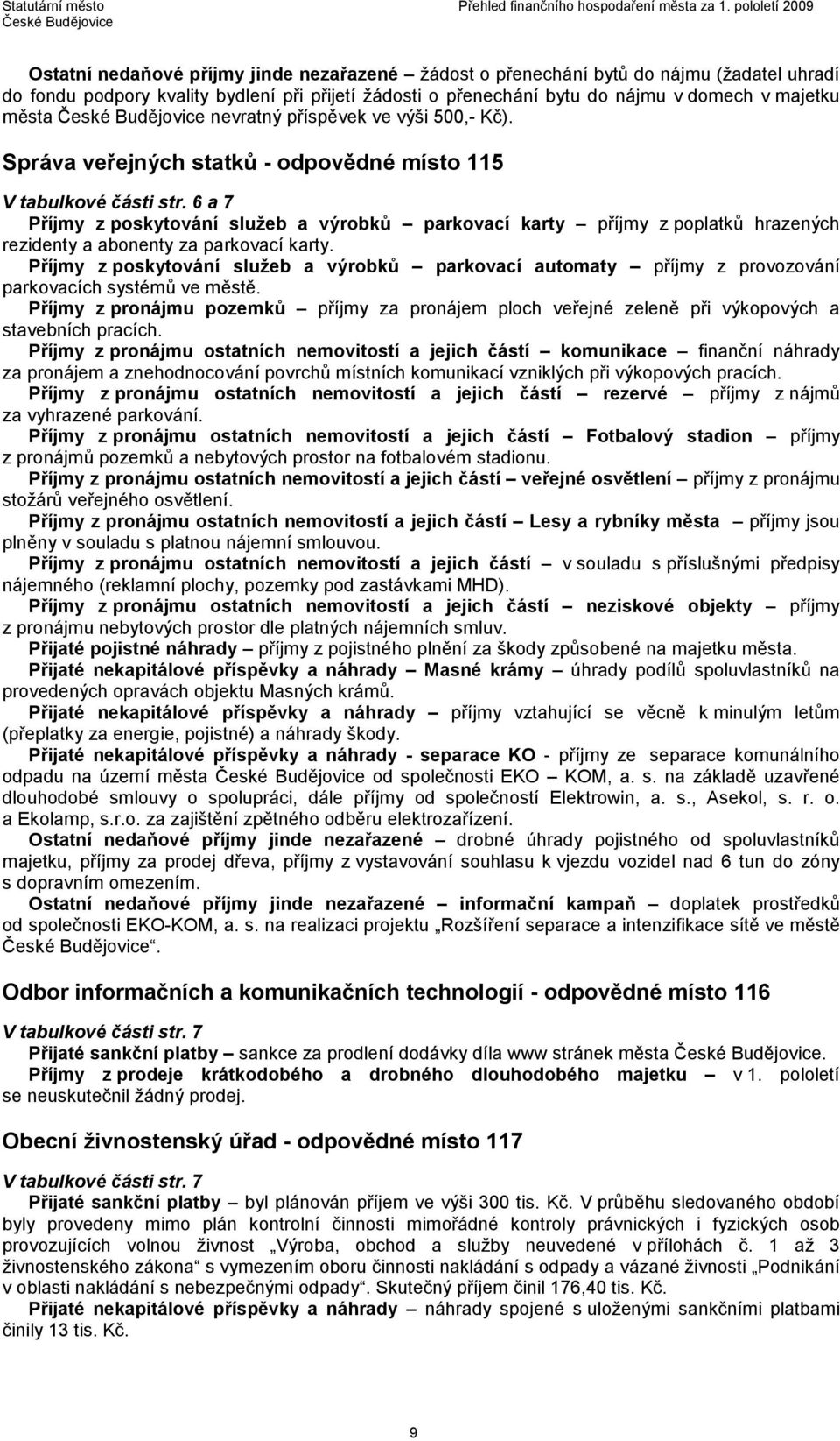 6 a 7 Příjmy z poskytování služeb a výrobků parkovací karty příjmy z poplatků hrazených rezidenty a abonenty za parkovací karty.