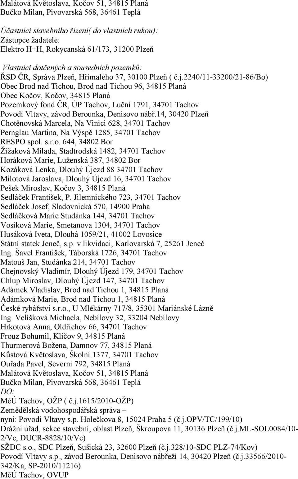 2240/11-33200/21-86/bo) Obec Brod nad Tichou, Brod nad Tichou 96, 34815 Planá Obec Kočov, Kočov, 34815 Planá Pozemkový fond ČR, ÚP Tachov, Luční 1791, 34701 Tachov Povodí Vltavy, závod Berounka,