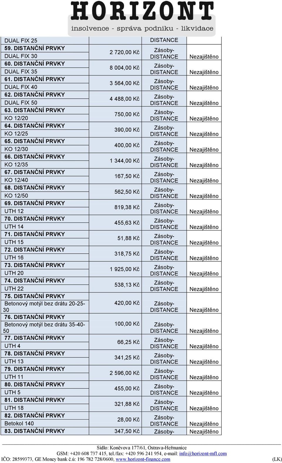 DISTANČNÍ PRVKY 400,00 Kč - KO 12/30 DISTANCE 66. DISTANČNÍ PRVKY 1 344,00 Kč - KO 12/35 DISTANCE 67. DISTANČNÍ PRVKY 167,50 Kč - KO 12/40 DISTANCE 68.