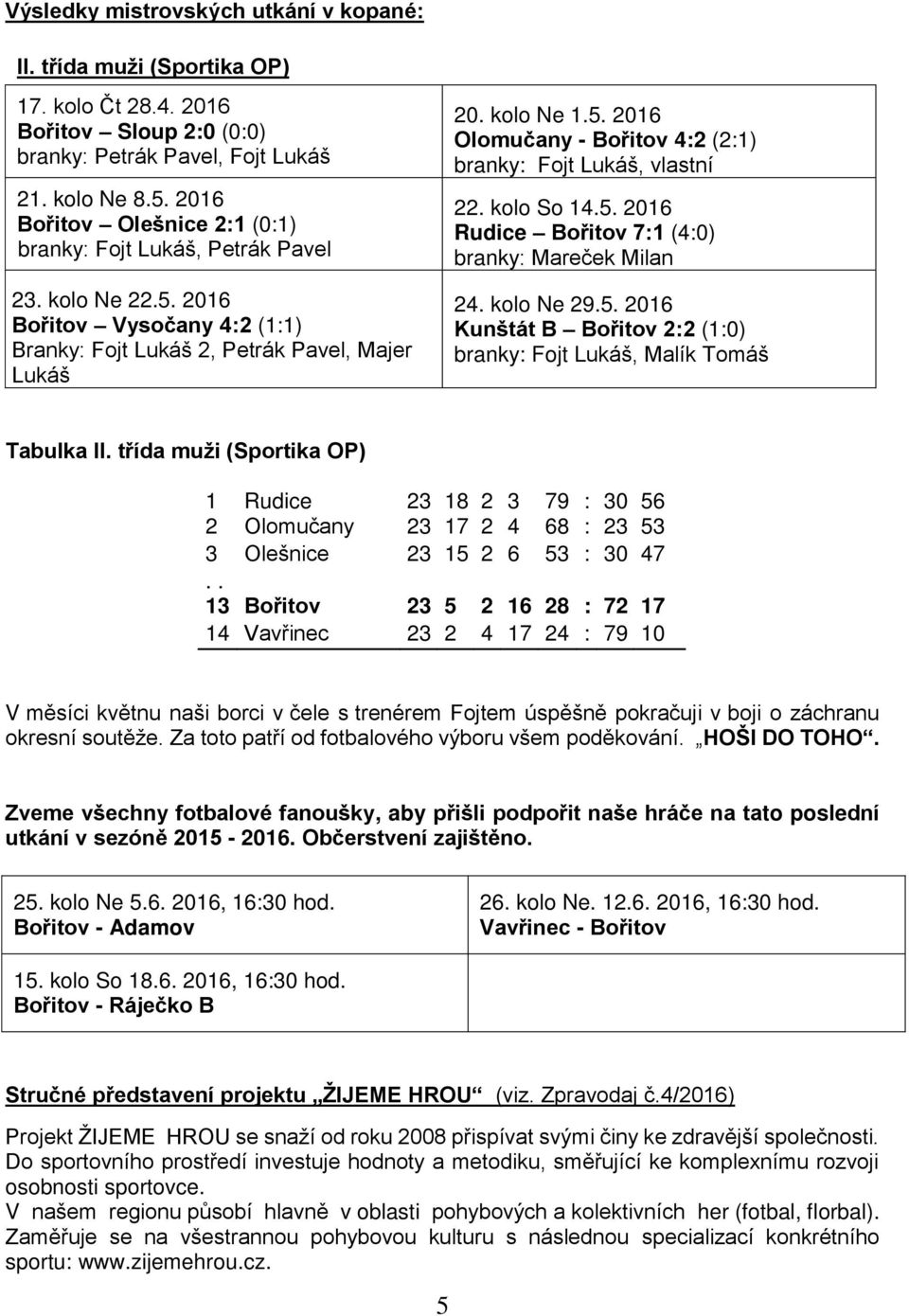 kolo So 14.5. 2016 Rudice Bořitov 7:1 (4:0) branky: Mareček Milan 24. kolo Ne 29.5. 2016 Kunštát B Bořitov 2:2 (1:0) branky: Fojt Lukáš, Malík Tomáš Tabulka II.