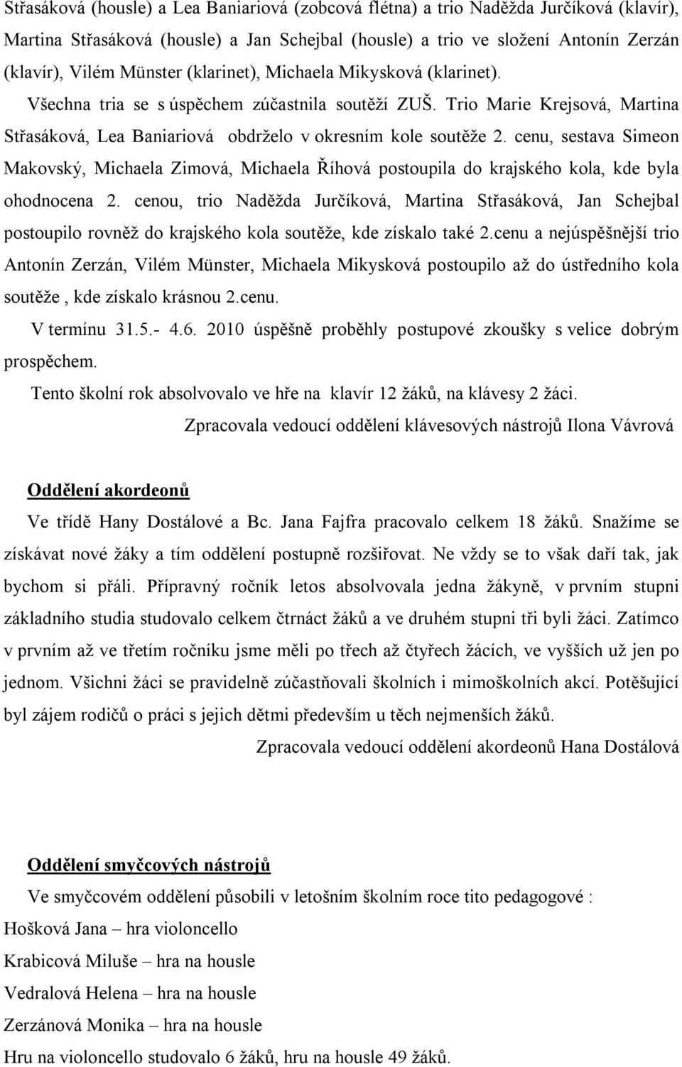 cenu, sestava Simeon Makovský, Michaela Zimová, Michaela Říhová postoupila do krajského kola, kde byla ohodnocena 2.