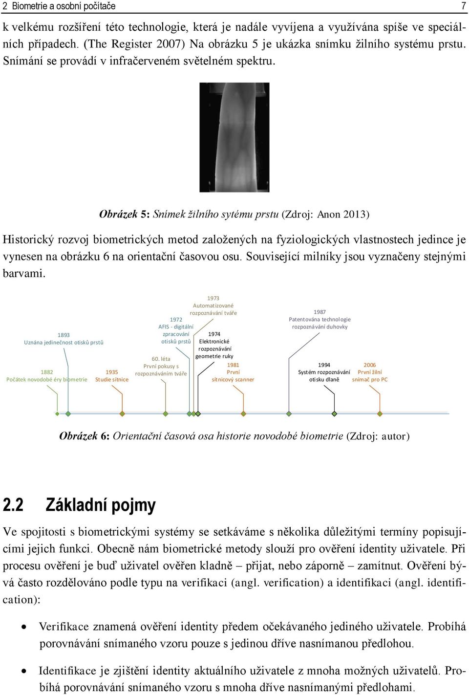 Obrázek 5: Snímek žilního sytému prstu (Zdroj: Anon 2013) Historický rozvoj biometrických metod založených na fyziologických vlastnostech jedince je vynesen na obrázku 6 na orientační časovou osu.