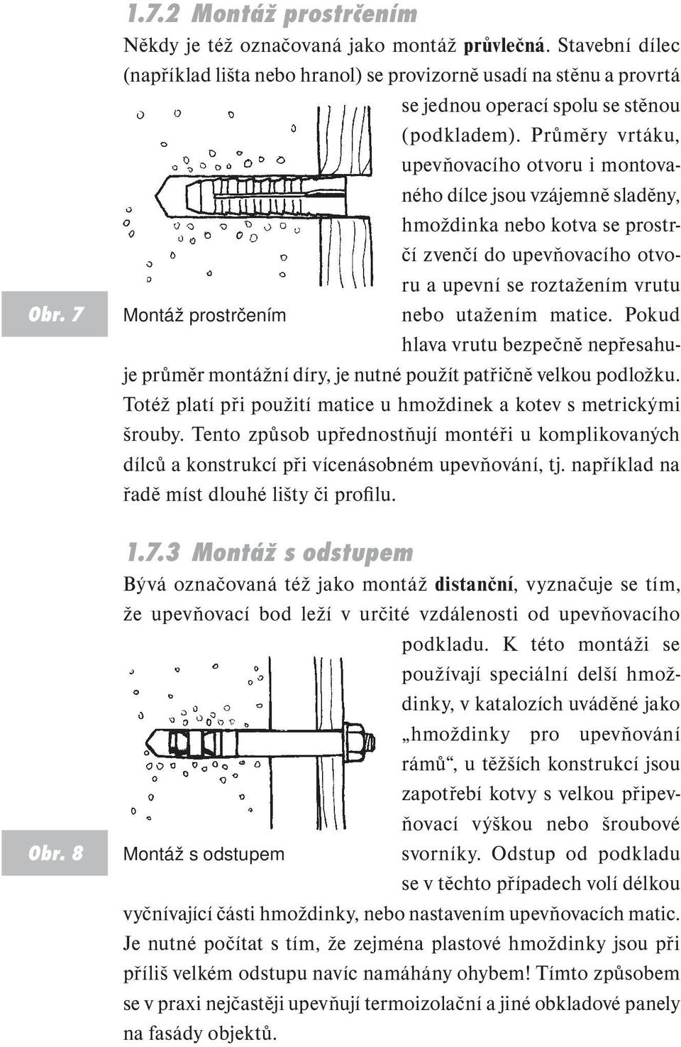 Průměry vrtáku, upevňovacího otvoru i montovaného dílce jsou vzájemně sladěny, hmoždinka nebo kotva se prostrčí zvenčí do upevňovacího otvoru a upevní se roztažením vrutu Montáž prostrčením nebo