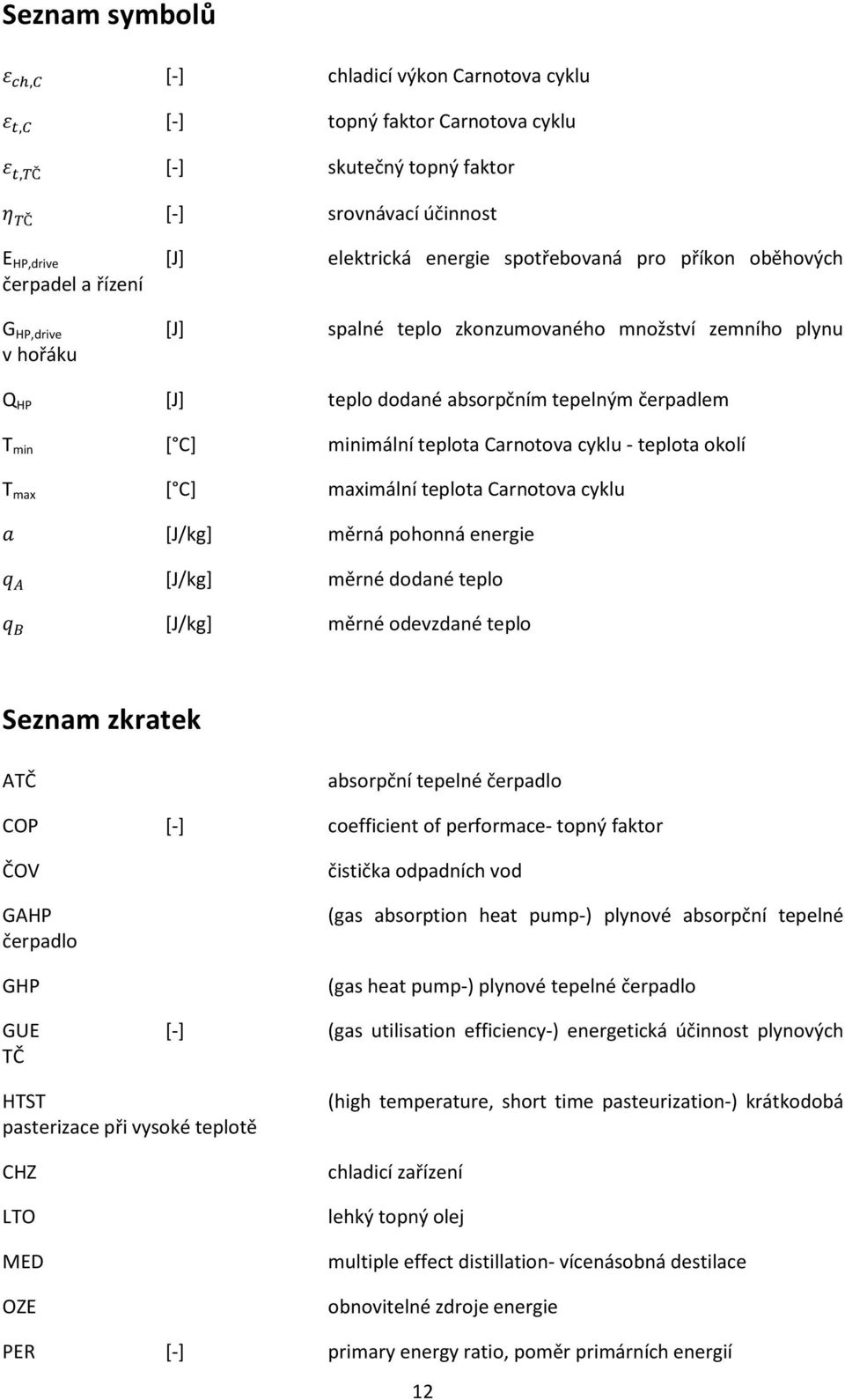 - teplota okolí T max [ C] maximální teplota Carnotova cyklu [J/kg] [J/kg] [J/kg] měrná pohonná energie měrné dodané teplo měrné odevzdané teplo Seznam zkratek ATČ absorpční tepelné čerpadlo COP [-]