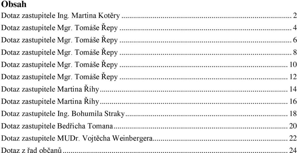 Tomáše Řepy... 12 Dotaz zastupitele Martina Říhy... 14 Dotaz zastupitele Martina Říhy... 16 Dotaz zastupitele Ing.