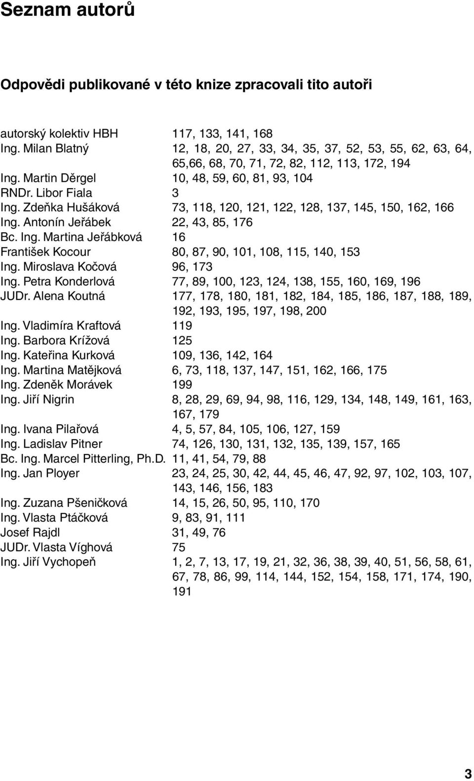 Zdeňka Hušáková 73, 118, 120, 121, 122, 128, 137, 145, 150, 162, 166 Ing. Antonín Jeřábek 22, 43, 85, 176 Bc. Ing. Martina Jeřábková 16 František Kocour 80, 87, 90, 101, 108, 115, 140, 153 Ing.