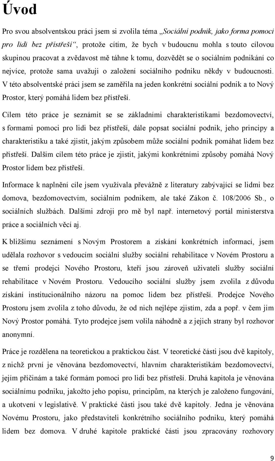 V této absolventské práci jsem se zaměřila na jeden konkrétní sociální podnik a to Nový Prostor, který pomáhá lidem bez přístřeší.