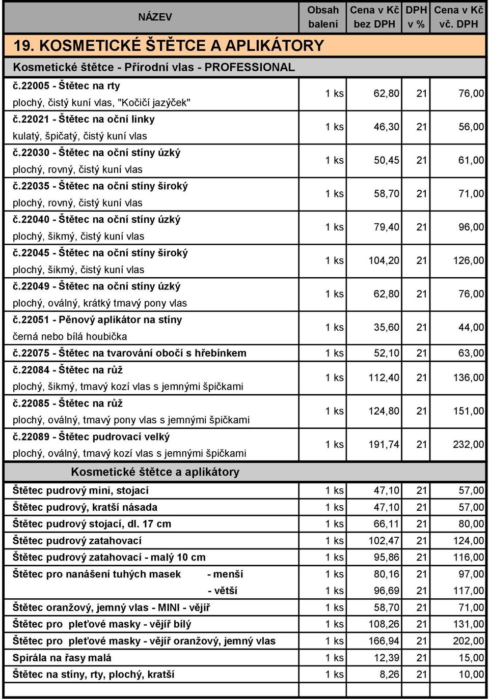 22040 - Štětec na oční stíny úzký plochý, šikmý, čistý kuní vlas č.22045 - Štětec na oční stíny široký plochý, šikmý, čistý kuní vlas č.