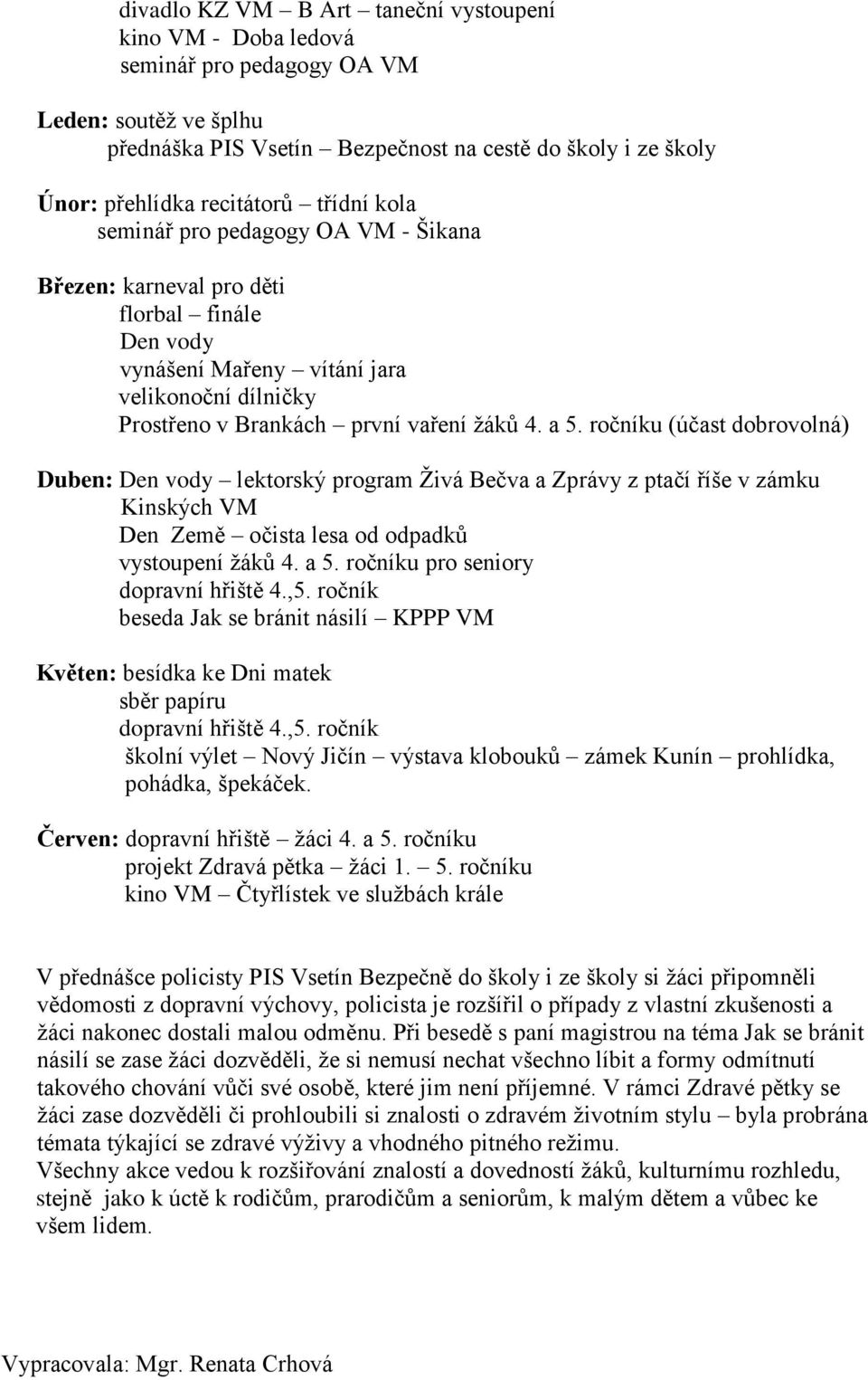 ročníku (účast dobrovolná) Duben: Den vody lektorský program Živá Bečva a Zprávy z ptačí říše v zámku Kinských VM Den Země očista lesa od odpadků vystoupení žáků 4. a 5.