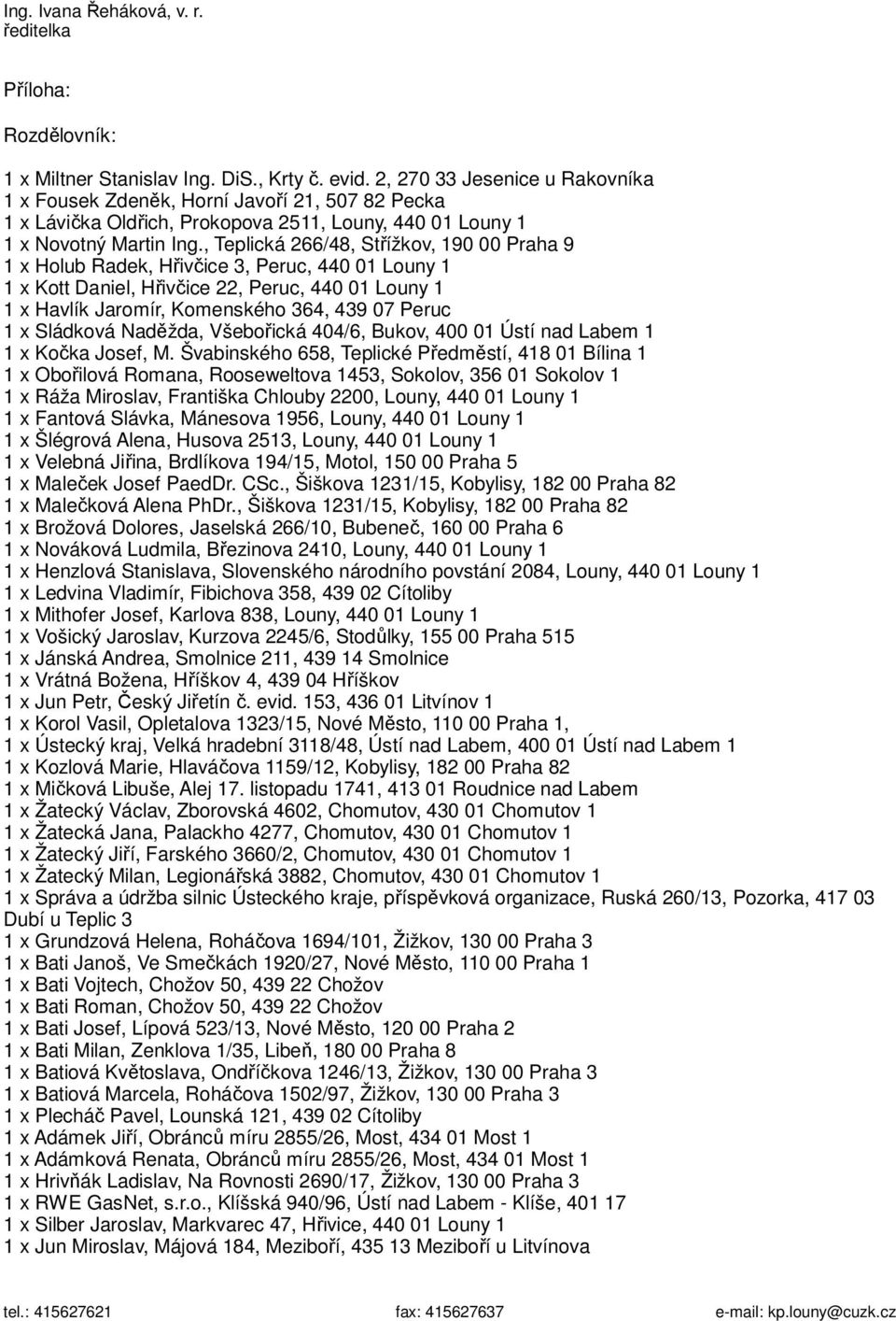 , Teplická 266/48, Střížkov, 190 00 Praha 9 1 x Holub Radek, Hřivčice 3, Peruc, 440 01 Louny 1 1 x Kott Daniel, Hřivčice 22, Peruc, 440 01 Louny 1 1 x Havlík Jaromír, Komenského 364, 439 07 Peruc 1 x